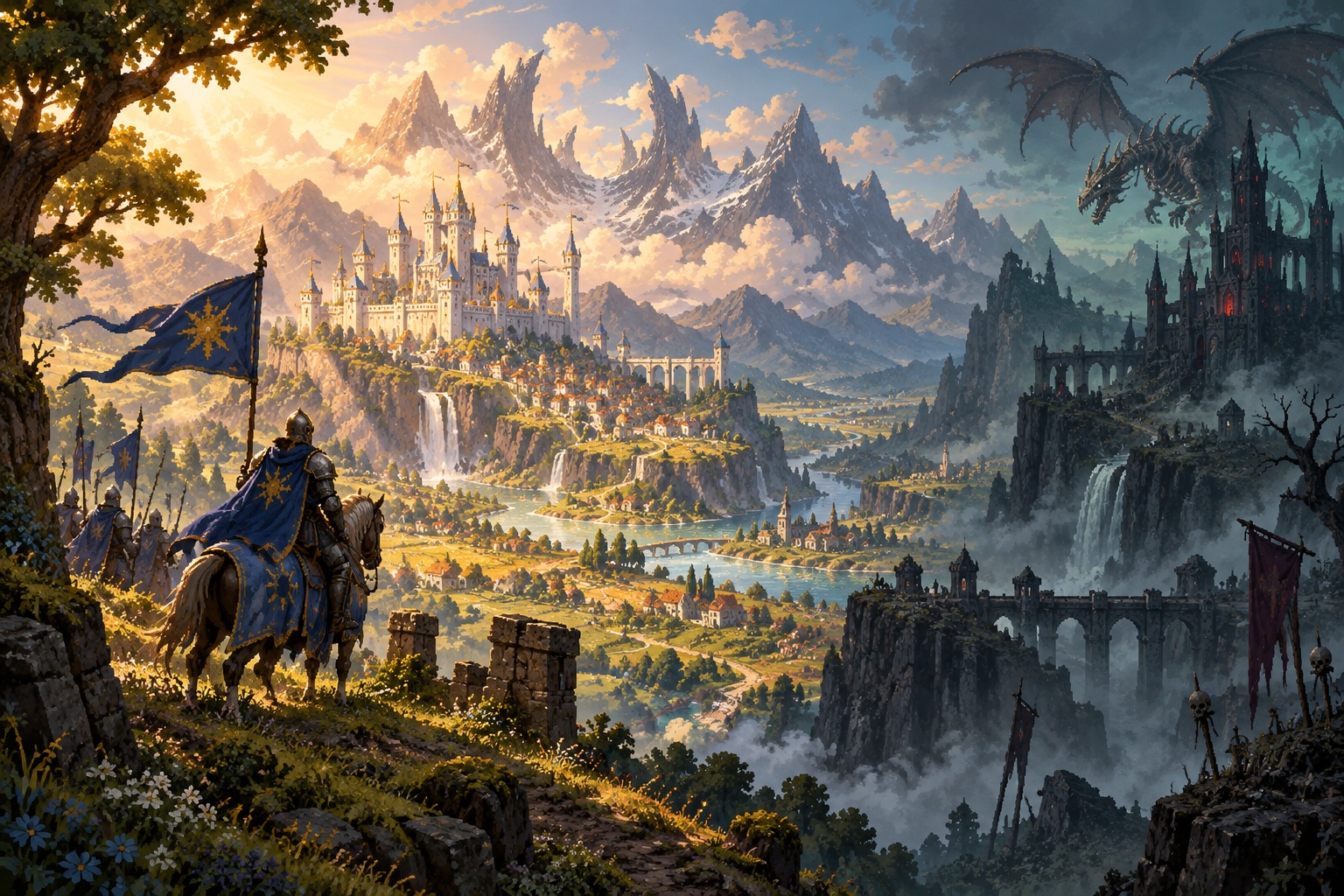 Crownfall concept art: rival castles across a fantasy kingdom