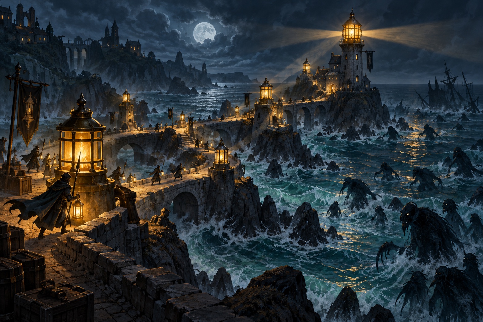 Lanternwatch concept art: golden lantern towers protect stormy coastal causeways