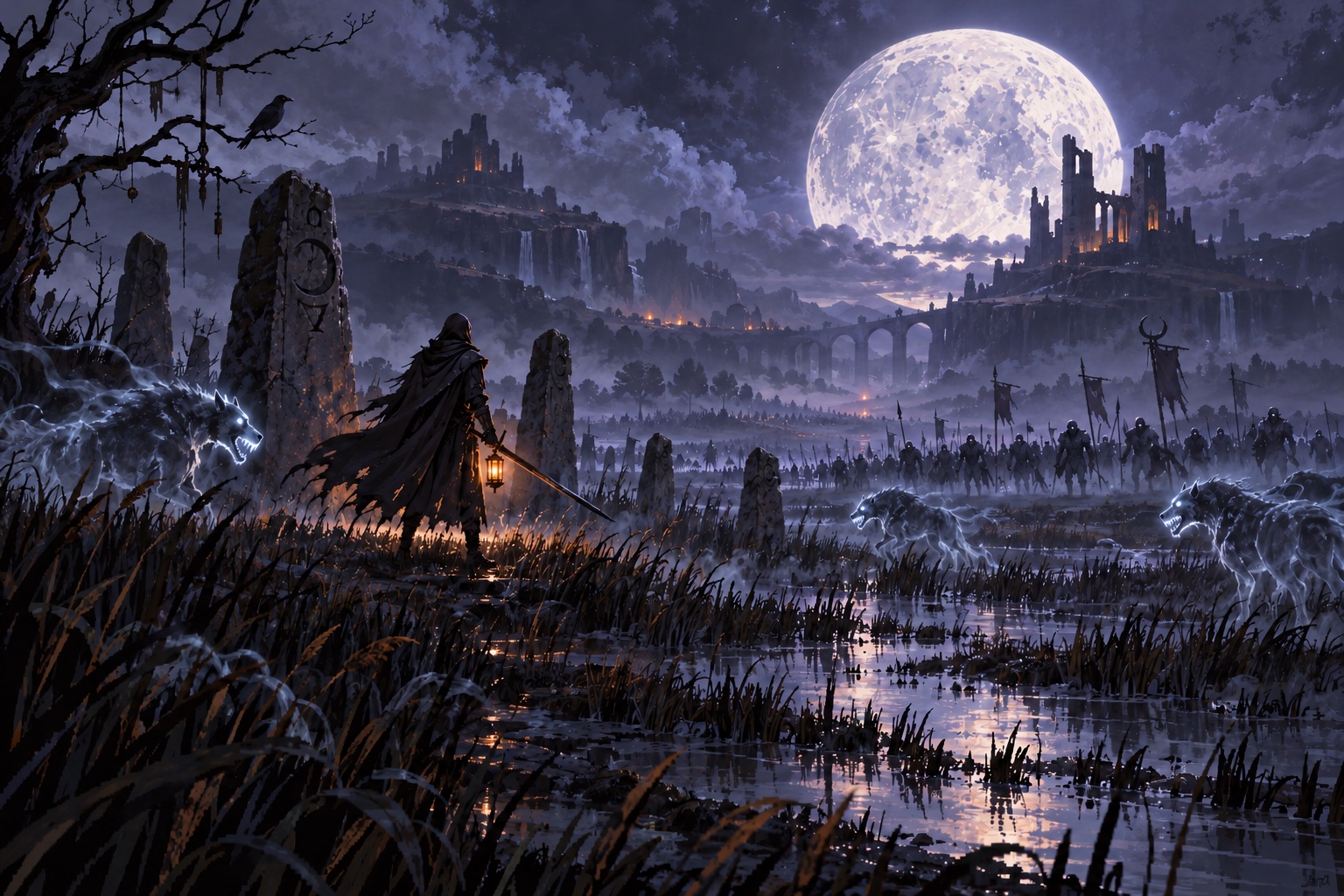 Moonhorde concept art: a warden faces the moonlit fens