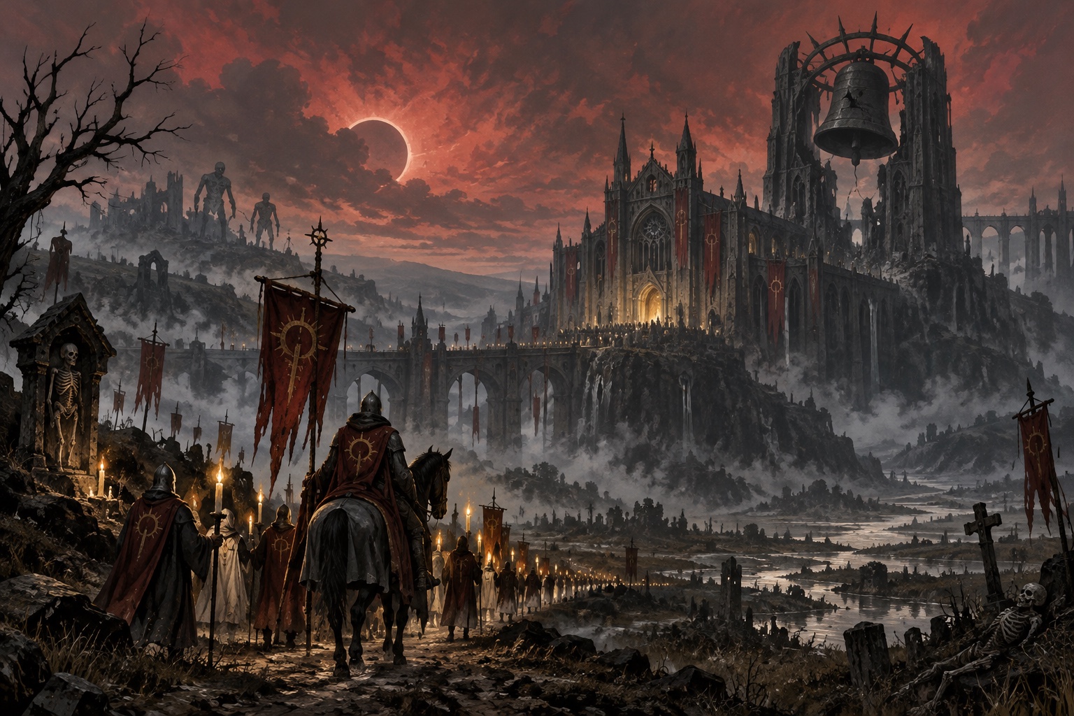 Mournvale concept art: candlelit riders approach a ruined bell cathedral