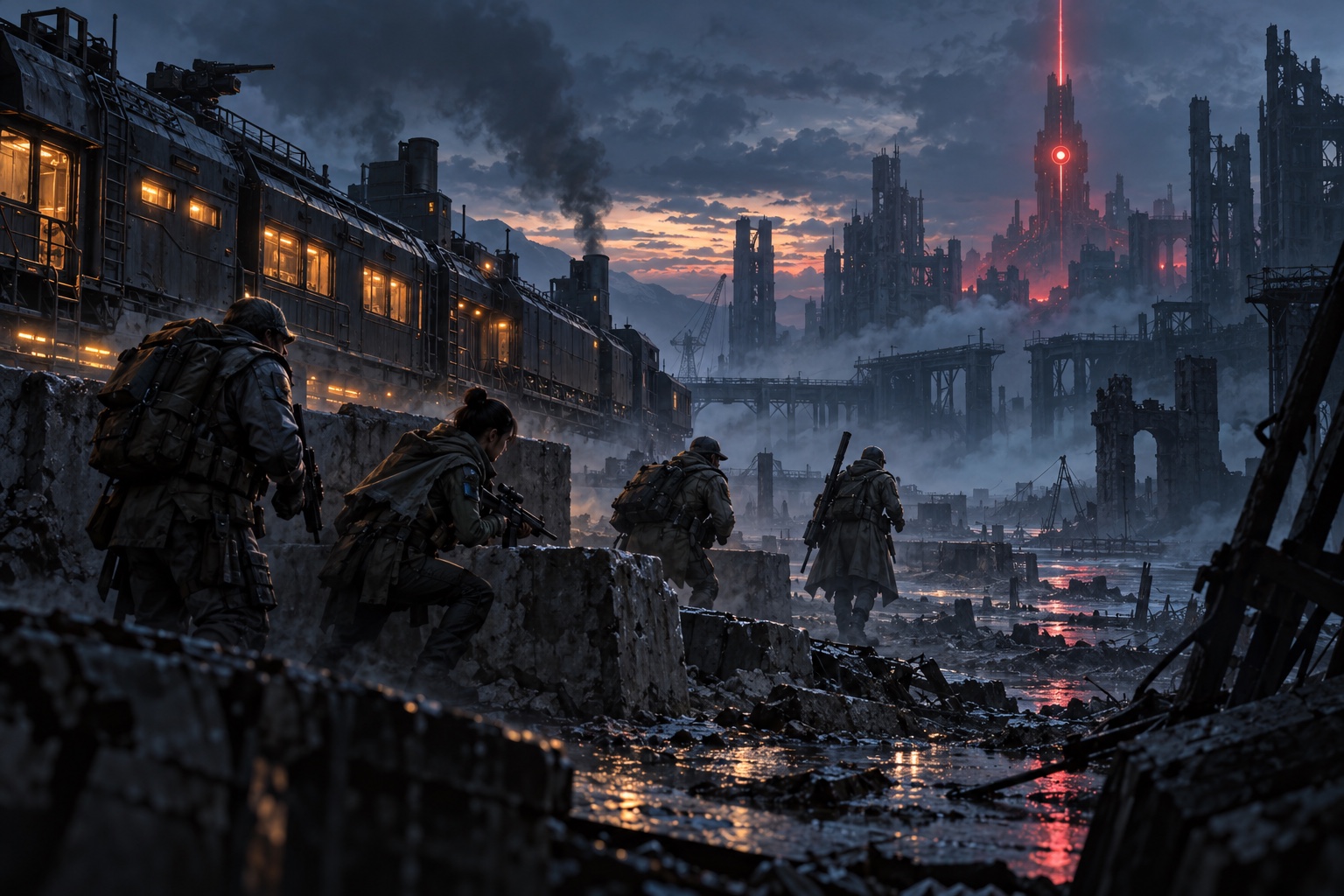 Signal Nine concept art: a squad leaves an armoured train in a ruined city