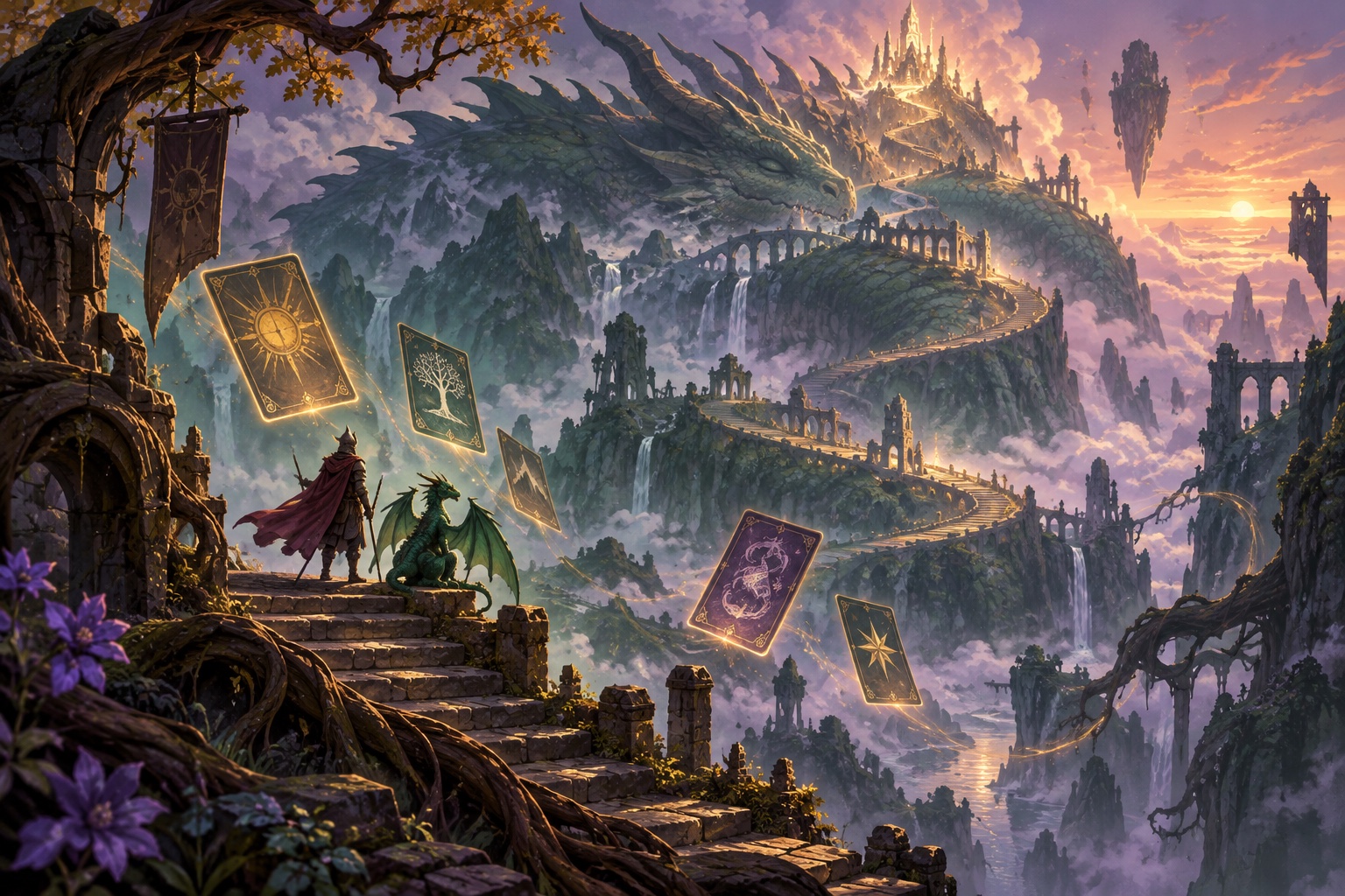 Wyrmdeck concept art: a knight and hatchling approach the sleeping dragon mountain